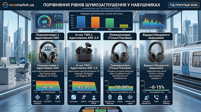 Порівняльна інфографіка рівнів шумозаглушення в різних типах навушників.
